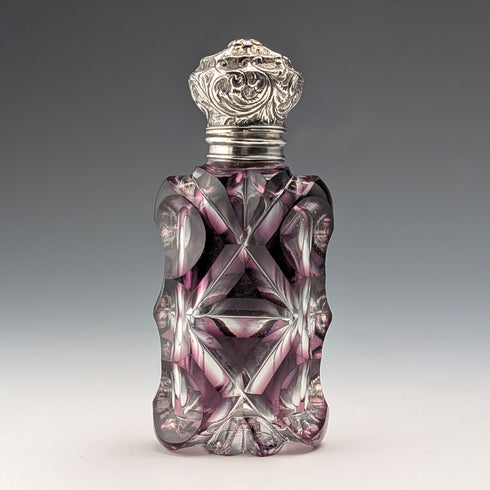 英国アンティーク 800シルバー蓋 パープルカットガラス 携帯用香水瓶